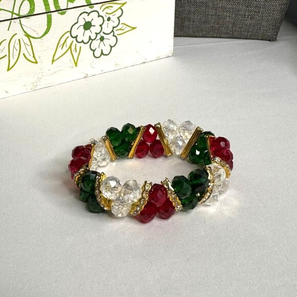 Estate Jewelry - Holiday-Inspired Stretch Bracelet With Red Green & Clear Beaded Design Golden